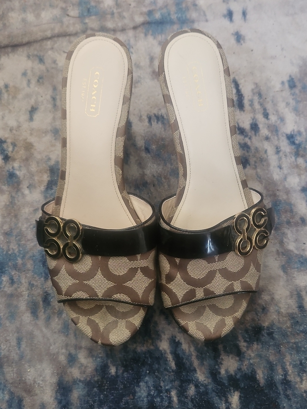 Coach Tan & Brown Signature Logo Slide Mules with Gold Hardware